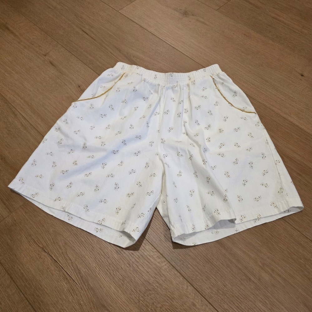 VTG Gepetto Cotton Shorts Mens M White Gold Anchor Print Elastic Waist USA Made
